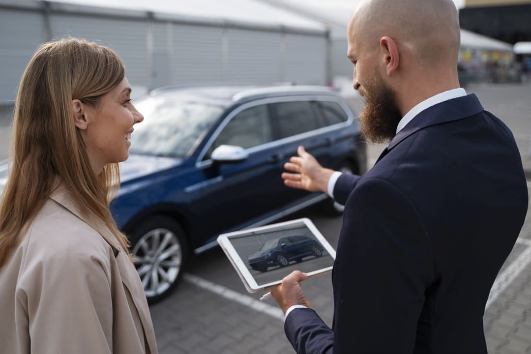 Homem e mulher observam carro azul em pátio externo, enquanto ele mostra informações sobre o veículo em um tablet.