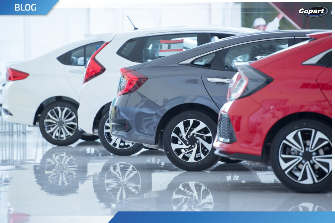 A imagem mostra uma fileira de carros novos expostos em um showroom automotivo. Os veículos são do mesmo modelo, mas de cores diferentes — branco, cinza e vermelho. Eles estão posicionados lado a lado, com destaque para a parte traseira e rodas esportivas, refletidas no piso brilhante do ambiente. O cenário é bem iluminado, com aparência limpa e sofisticada, típica de concessionárias.