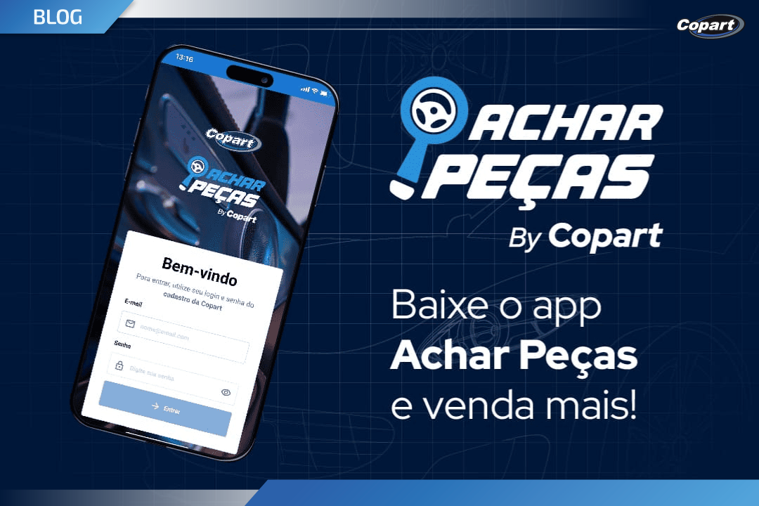 Tela de smartphone exibindo o app &ldquo;Achar Pe&ccedil;as by Copart&rdquo;, com fundo azul e texto promocional incentivando o download.