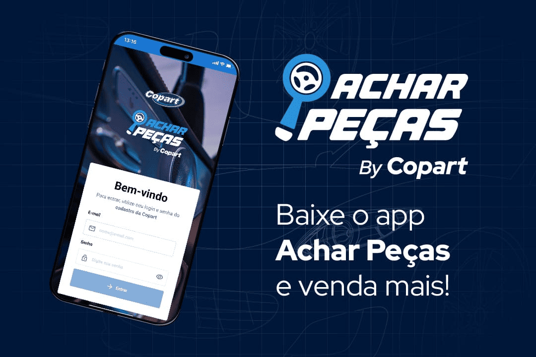 Tela de smartphone exibindo o app “Achar Peças by Copart”, com fundo azul e texto promocional incentivando o download.