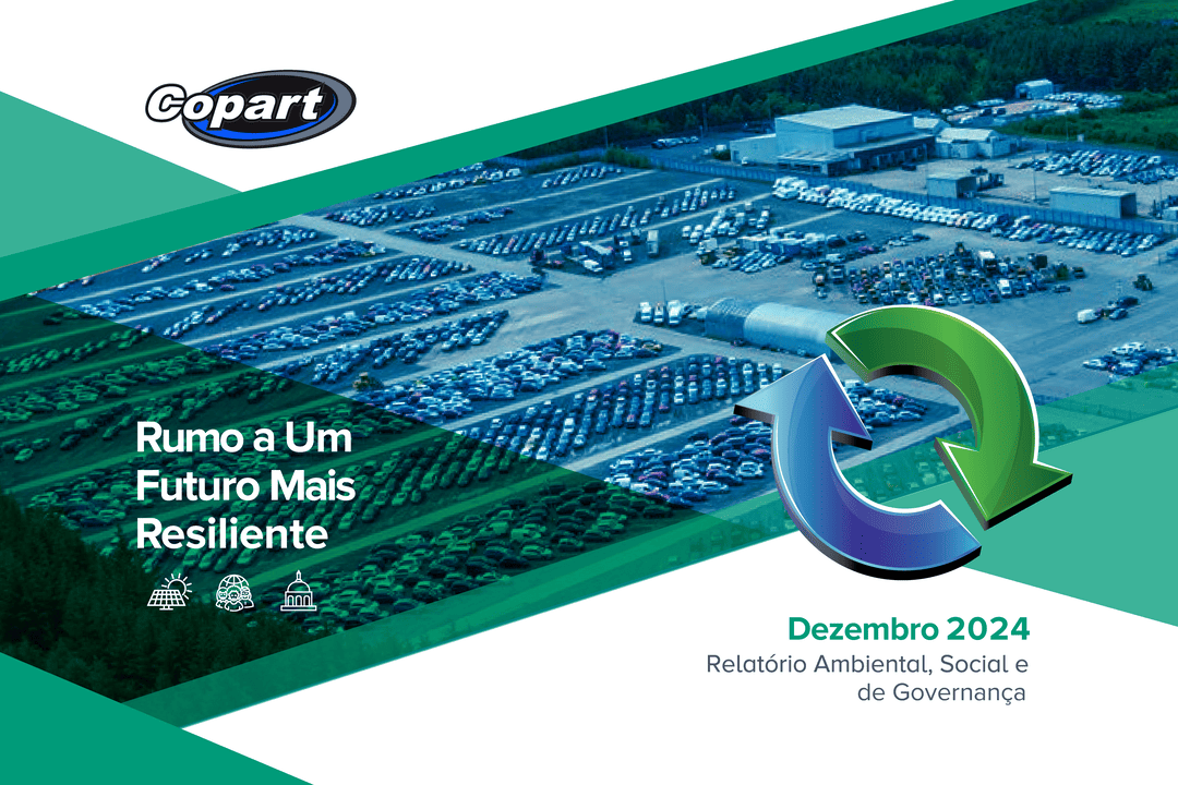Capa do Relatório Ambiental, Social e de Governança da Copart, dezembro de 2024, com a frase "Rumo a um Futuro Mais Resiliente", ilustração de setas em ciclo e imagem aérea de pátio com muitos veículos estacionados.