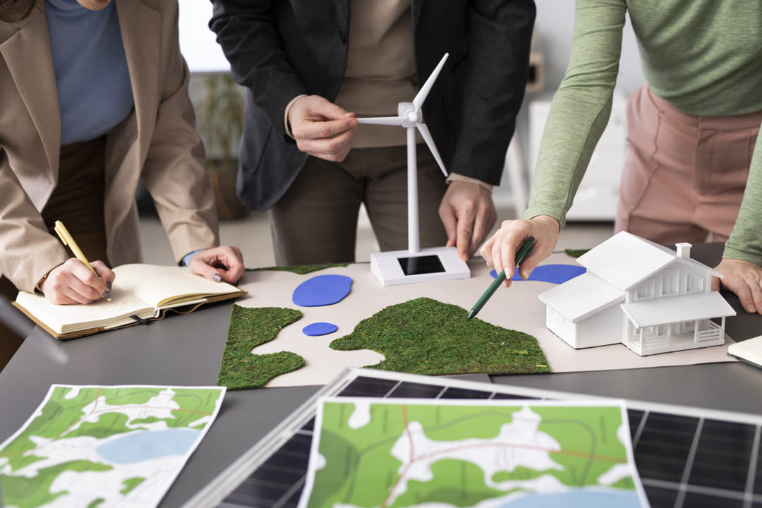 Três pessoas analisam uma maquete com elementos sustentáveis, incluindo miniatura de turbina eólica, casa e áreas verdes, representando planejamento urbano e práticas ESG.