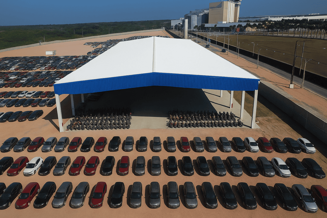 Vista aérea de pátio automotivo organizado com centenas de carros e motos estacionados, destacando a nova unidade Copart no Nordeste.
