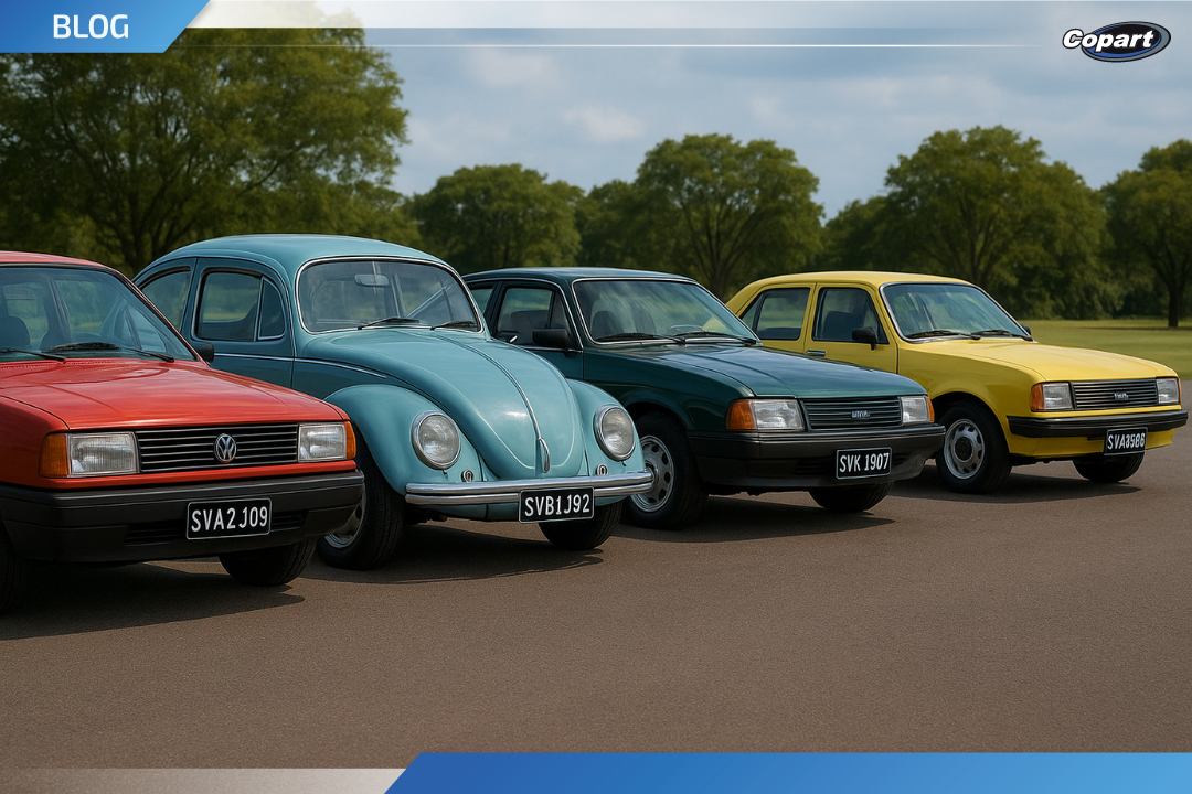 Carros antigos alinhados em um estacionamento, todos com placa preta, símbolo de veículo de coleção.