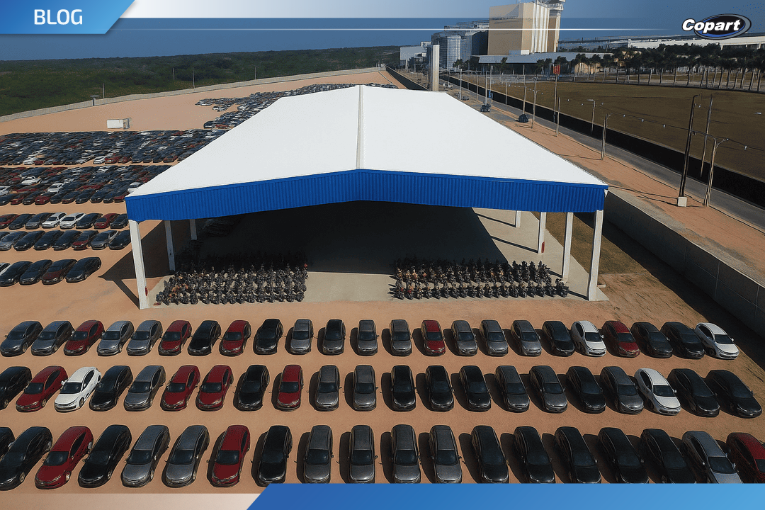 Vista aérea de pátio automotivo organizado com centenas de carros e motos estacionados, destacando a nova unidade Copart no Nordeste.
