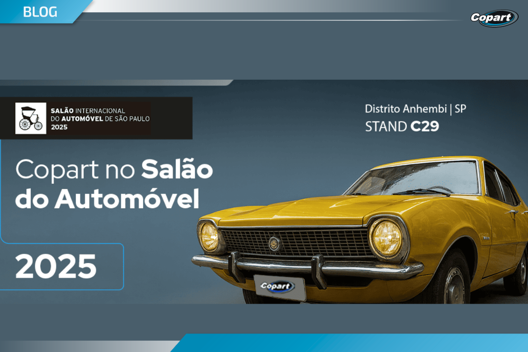 Imagem promocional da participação da Copart no Salão do Automóvel 2025, exibindo um carro antigo amarelo em destaque e informações do evento, incluindo local Anhembi, São Paulo, e o stand C29.