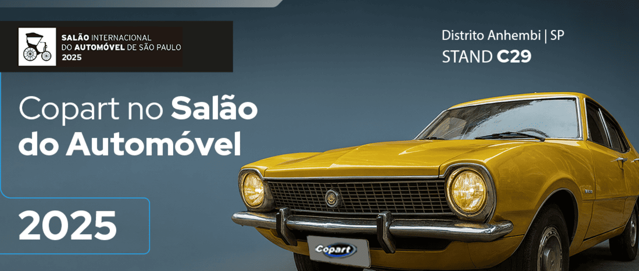 Imagem promocional da participação da Copart no Salão do Automóvel 2025, exibindo um carro antigo amarelo em destaque e informações do evento, incluindo local Anhembi, São Paulo, e o stand C29.