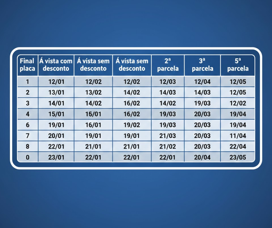 Tabela oficial com as datas de vencimento do IPVA 2026, organizada por final de placa, indicando pagamento &agrave; vista com desconto, &agrave; vista sem desconto e parcelas ao longo dos meses.