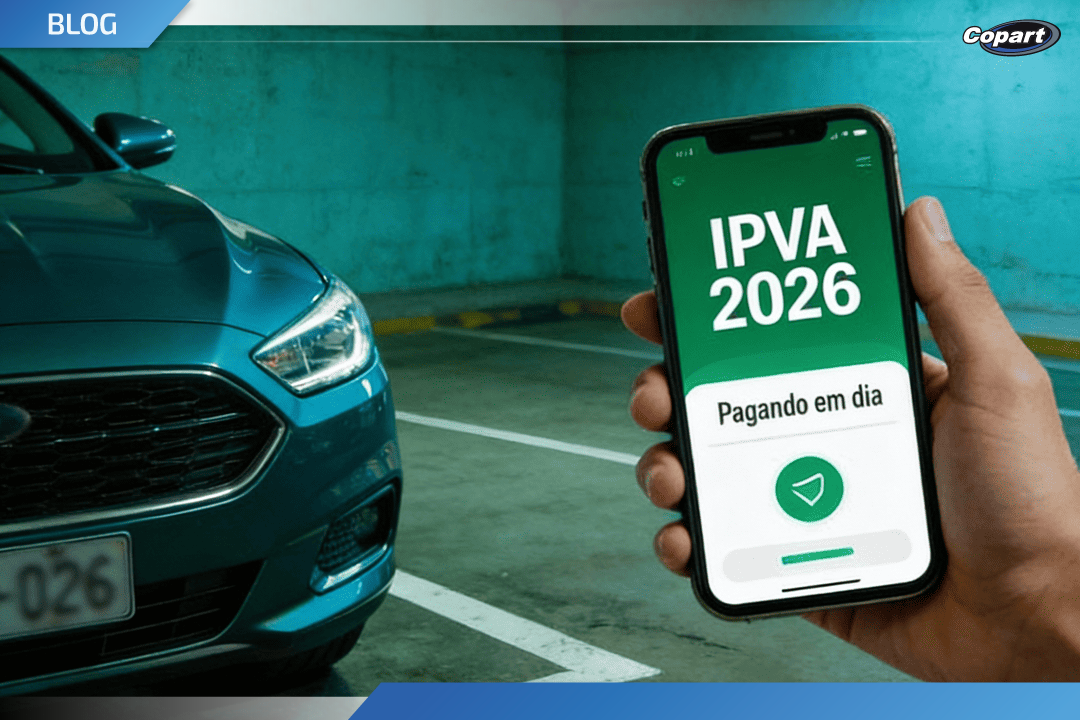 Pessoa segurando um celular com a mensagem “IPVA 2026 – Pagando em dia”, ao lado de um carro estacionado, representando o pagamento digital e a regularização do imposto veicular.