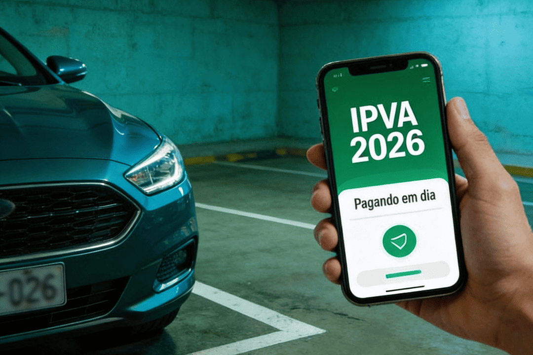 Pessoa segurando um celular com a mensagem “IPVA 2026 – Pagando em dia”, ao lado de um carro estacionado, representando o pagamento digital e a regularização do imposto veicular.