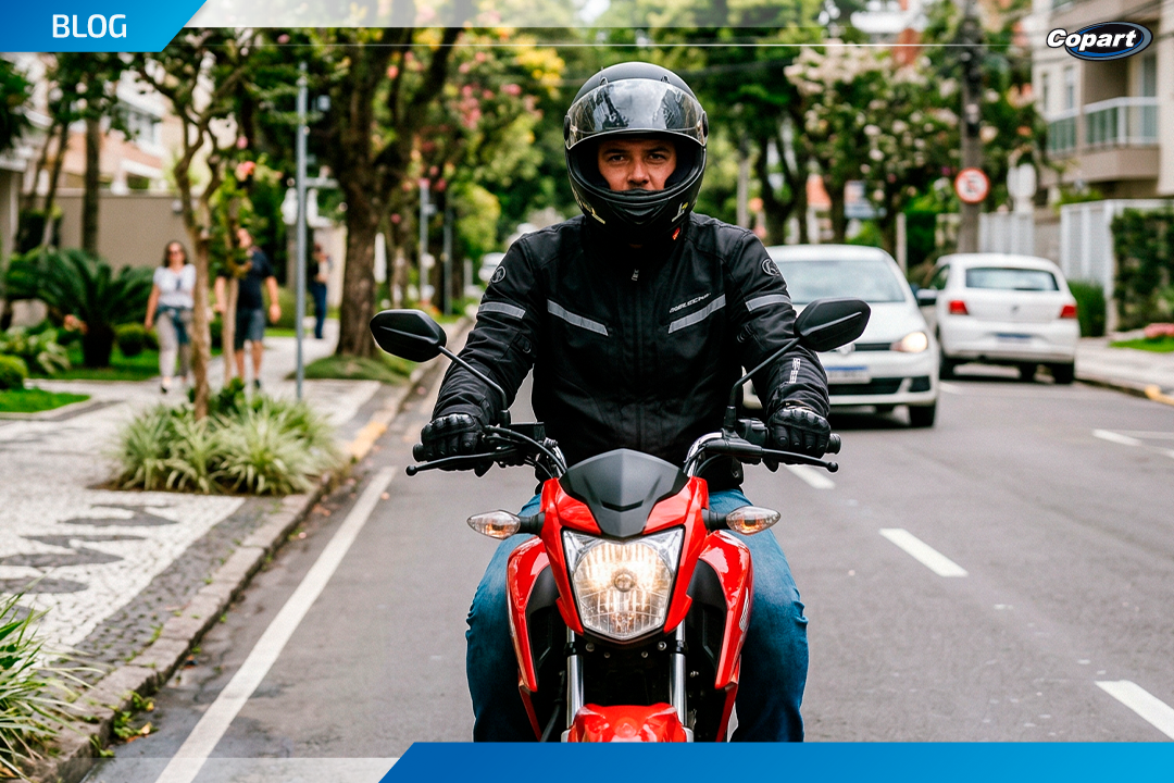 Motociclista com capacete e jaqueta preta pilotando uma moto vermelha em rua urbana arborizada, com carros ao fundo.