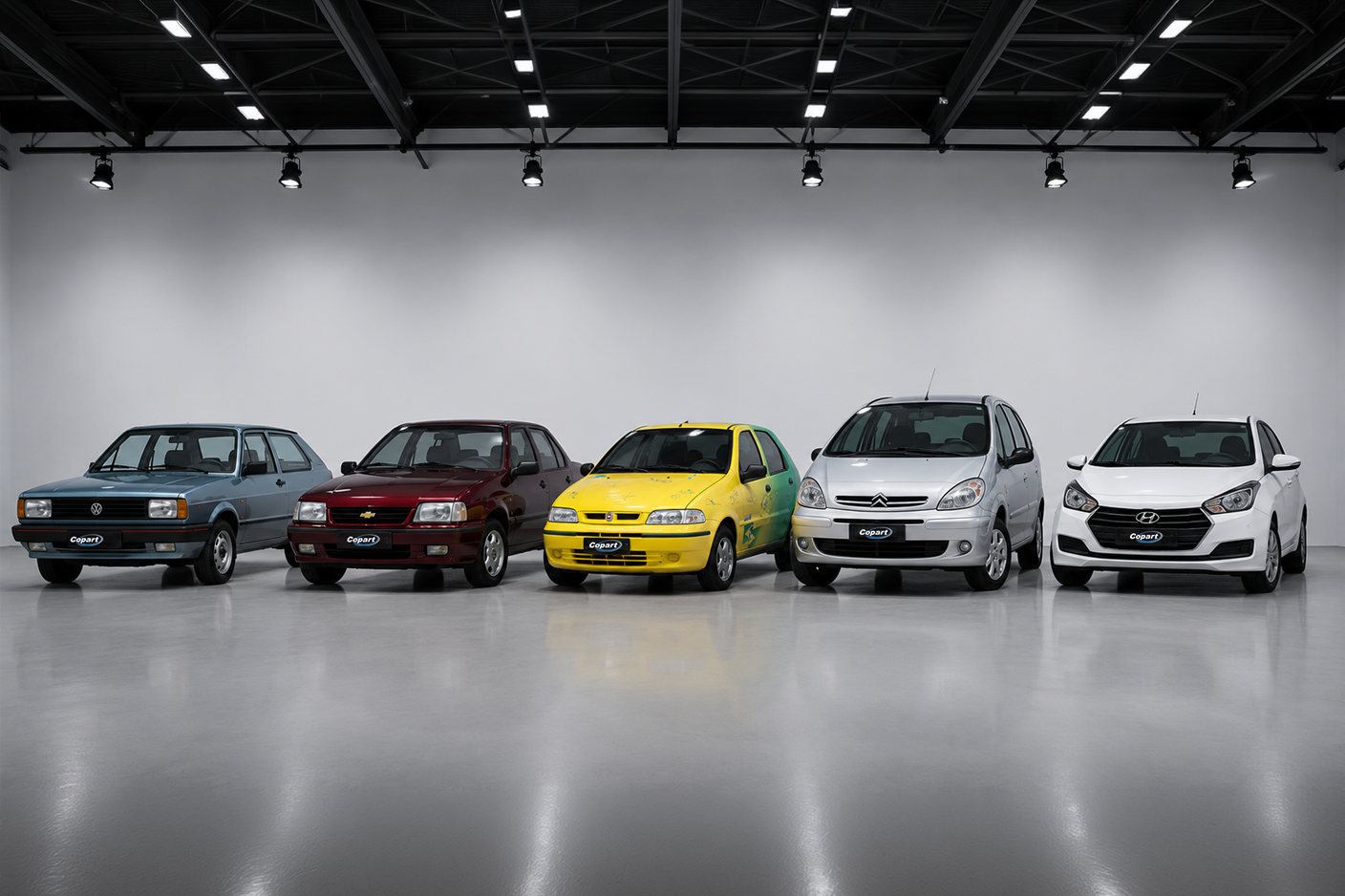 Cinco veículos comemorativos relacionados à Copa do Mundo estão estacionados lado a lado em um estúdio fotográfico moderno, com piso cinza polido, fundo neutro e iluminação profissional no teto. Da esquerda para a direita: um Volkswagen Gol Copa 1982 azul-claro, um Monza Club 1994 vinho, um Fiat Palio Copa 2002 nas cores amarelo e verde com autógrafos e adesivos da Seleção Brasileira, um Citroën Xsara Picasso Seleção 2006 prata e um Hyundai HB20 Copa 2014 branco. Os carros estão alinhados frontalmente, destacando a evolução do design automotivo brasileiro ao longo das décadas e as edições especiais lançadas em diferentes Copas do Mundo.