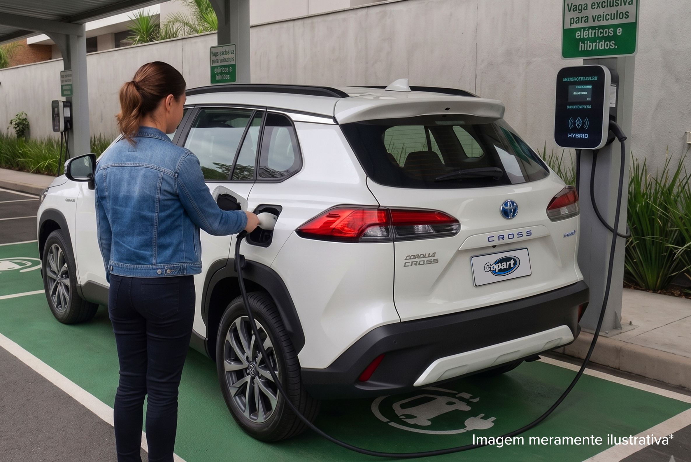 Pessoa carregando um Toyota Corolla Cross Hybrid branco em uma estação de recarga para veículos elétricos, estacionado em uma vaga exclusiva para elétricos e híbridos.