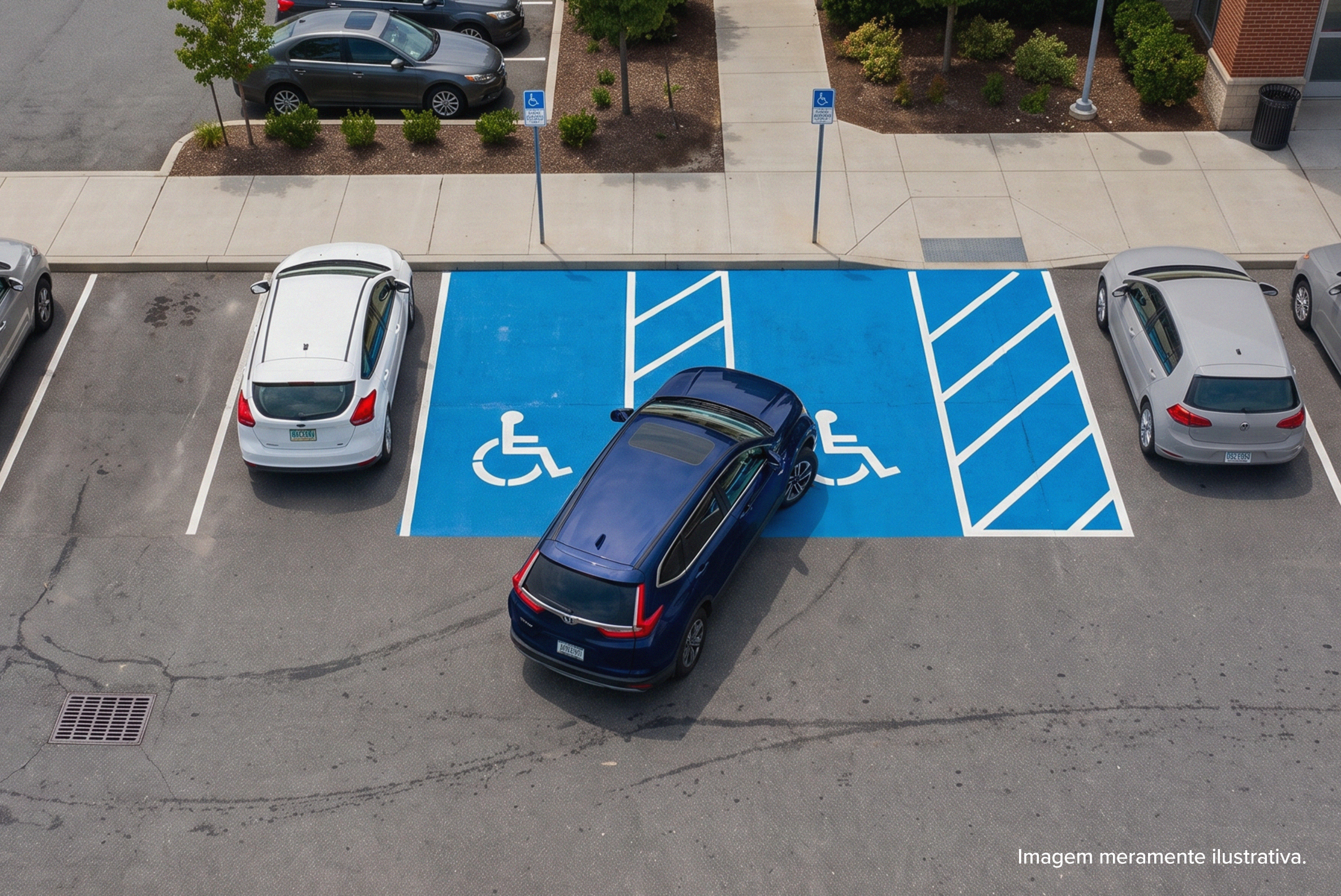 Vista aérea de um estacionamento com duas vagas reservadas para pessoas com deficiência, identificadas pela pintura azul e pelo símbolo internacional de acessibilidade no piso. Um SUV azul está estacionado, ocupando a vaga acessível. Ao redor, há outros veículos estacionados corretamente em vagas comuns, calçadas, placas de sinalização para vagas PCD e áreas ajardinadas. No canto inferior direito da imagem, aparece a inscrição: "Imagem meramente ilustrativa."